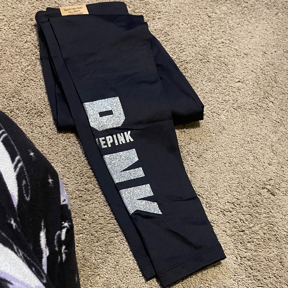 PINK Victoria's Secret Black Leggings with Silver Logo
